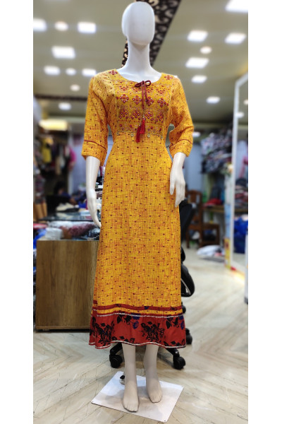 Rayon Cotton Long Gown With Tie Neck Embroidery Work And Printed Work On All Over Base (KR2263)